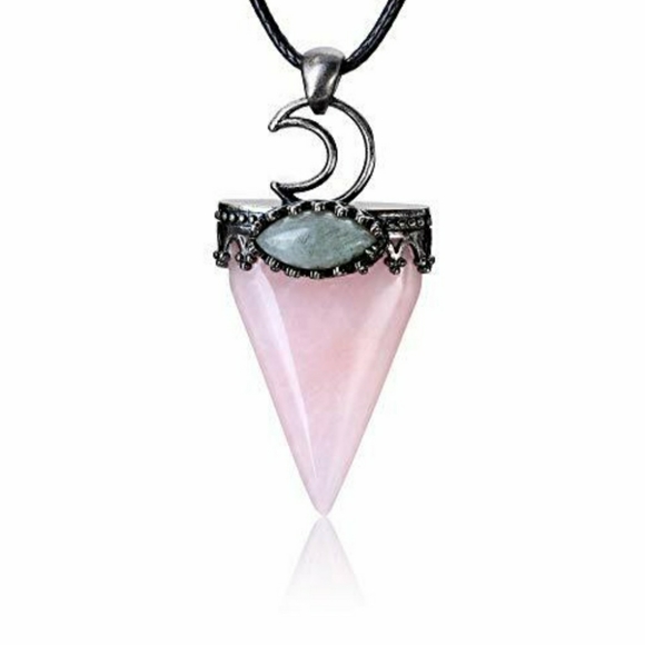 Rose Quartz and Labradorite Moon triangle point pendant with necklace - Picture 2 of 4
